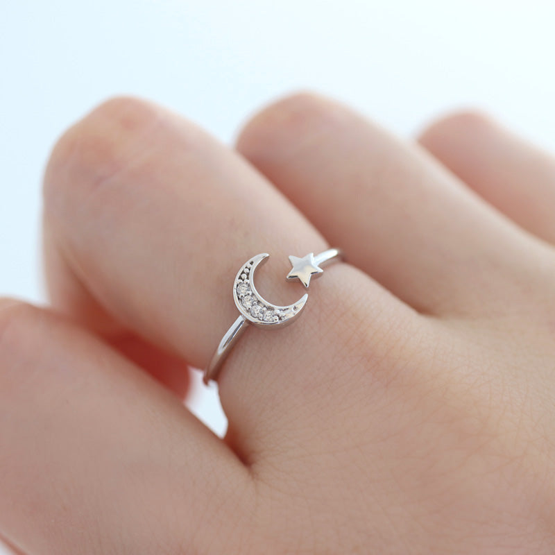 Crescent Moon Star Ring Sterling Silver