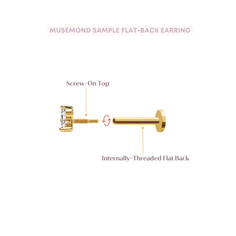 Triple Gem Crown Flat Back Earring- 14K Gold