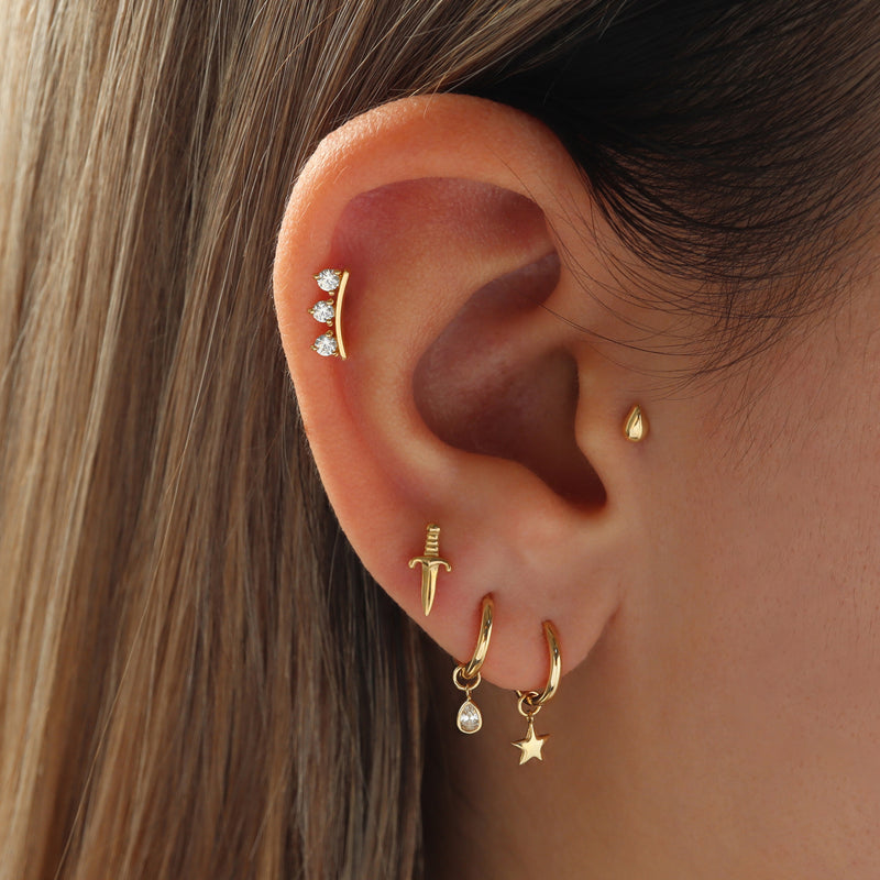 Triple Gem Crown Flat Back Earring- 14K Gold