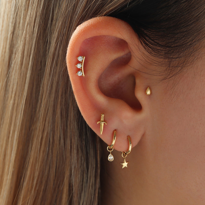 Triple Gem Crown Flat Back Earring- 14K Gold