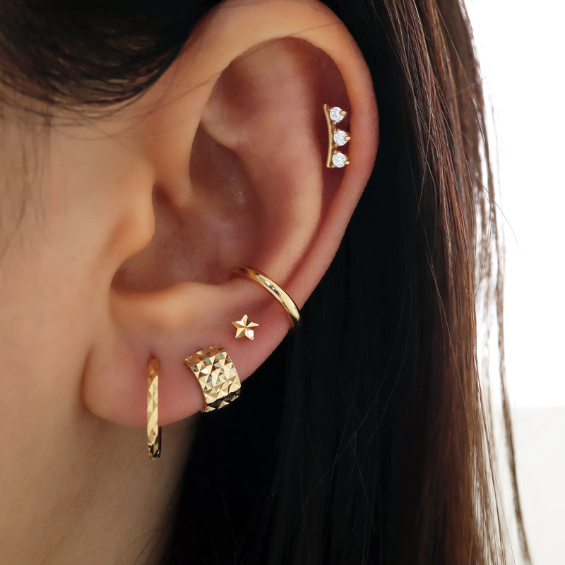 Wide Faceted Huggie Hoop Earring- 14K Gold