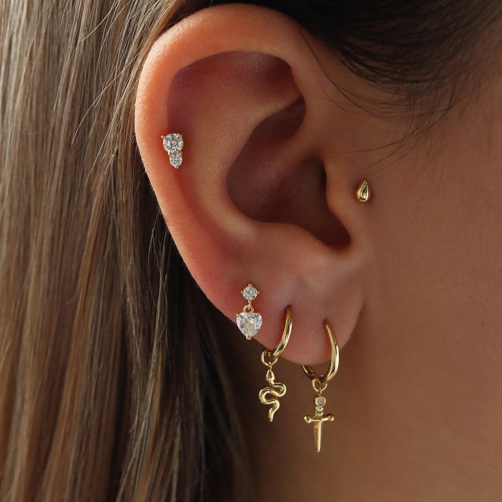 Heart Dangle Flat Back Earring 14K Gold Musemond