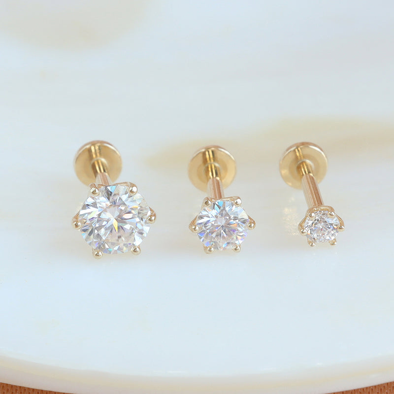 14k Yellow Gold Screw Back Stud Earrings For Kids & Unisex – Round White Moissanite (CZ) – Made In Italy