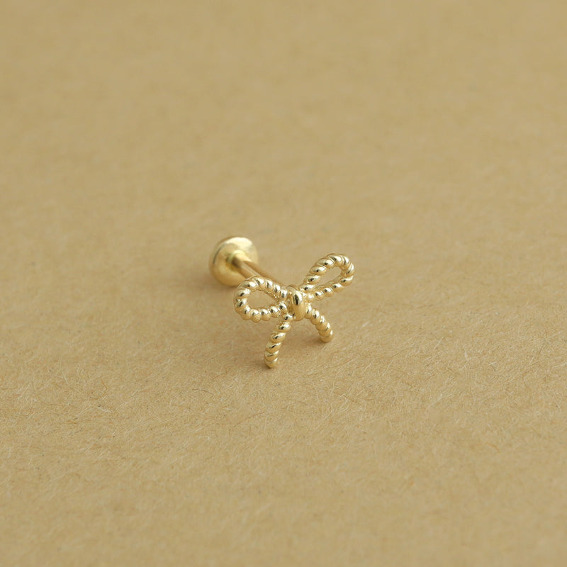 Ribbon Bow Stud Flat Back Earring- 14K Gold