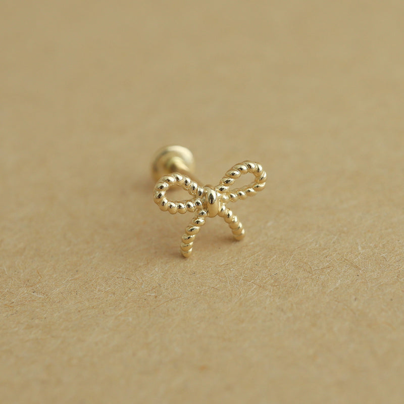 Ribbon Bow Stud Flat Back Earring- 14K Gold