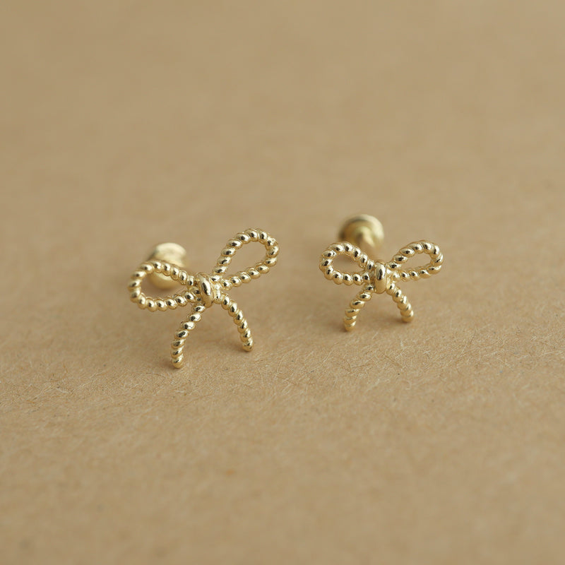 Ribbon Bow Stud Flat Back Earring- 14K Gold