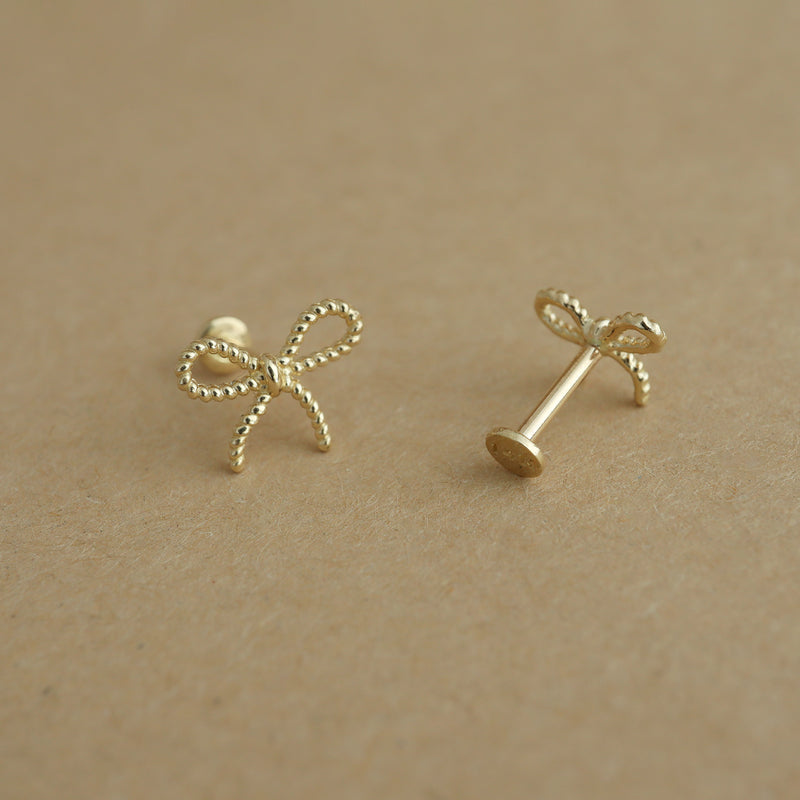 Ribbon Bow Stud Flat Back Earring- 14K Gold