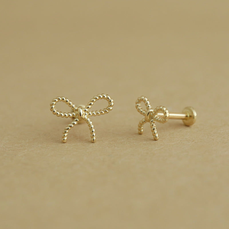 Ribbon Bow Stud Flat Back Earring- 14K Gold