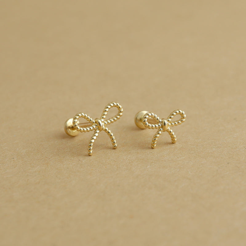 Ribbon Bow Stud Flat Back Earring- 14K Gold