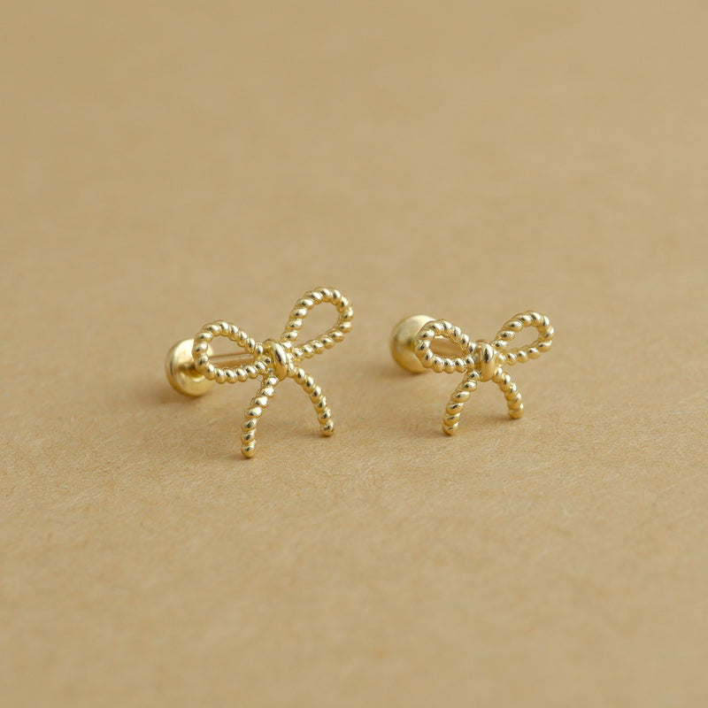 Ribbon Bow Stud Flat Back Earring- 14K Gold