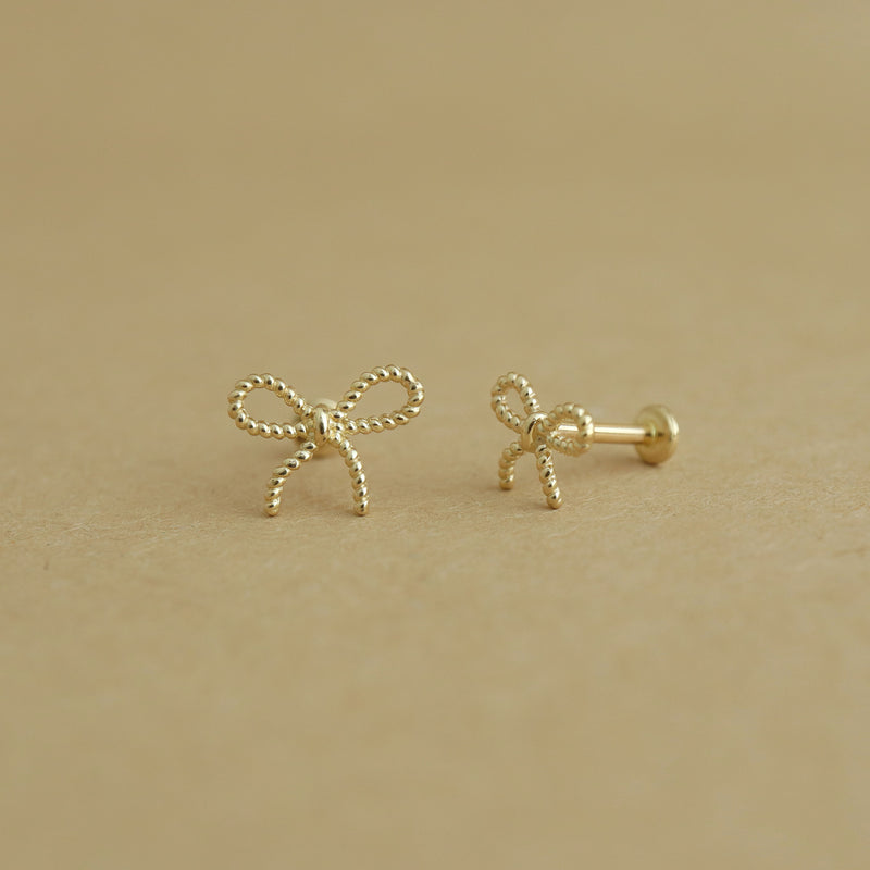 Ribbon Bow Stud Flat Back Earring- 14K Gold