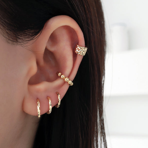 Wide Faceted Huggie Hoop Earring- 14K Gold