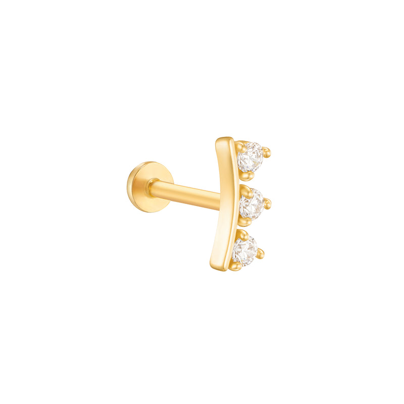 Triple Gem Crown Flat Back Earring- 14K Gold