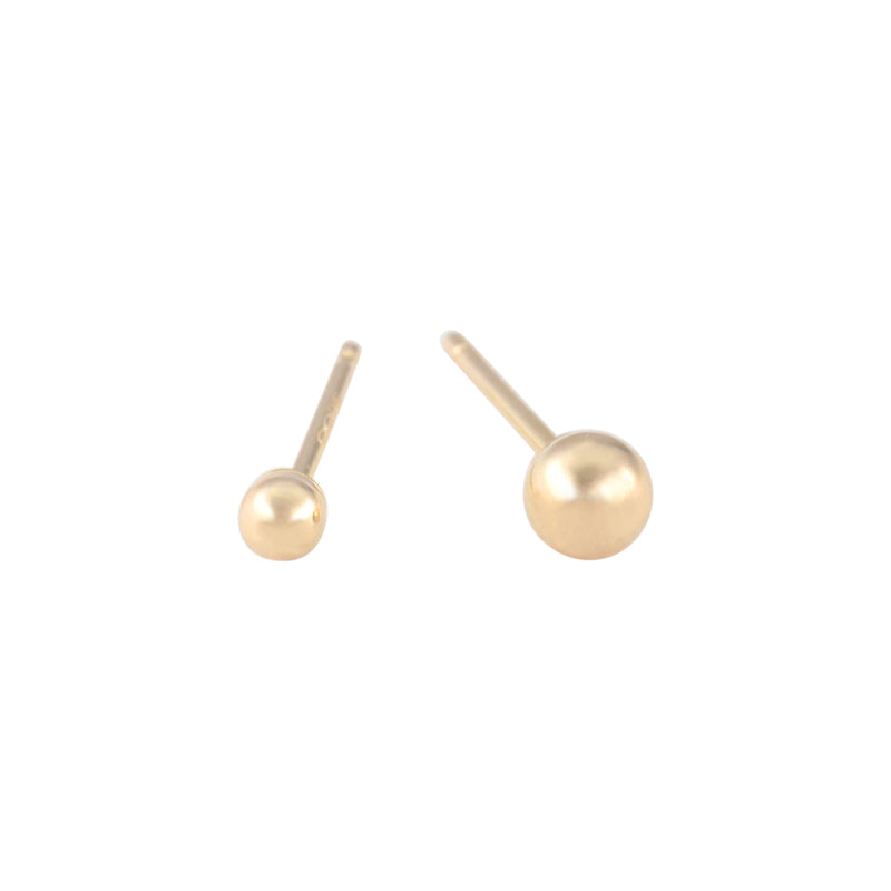 2mm and 3mm ball stud earrings made from 14k gold