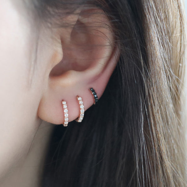 tiny pave huggie hoop earring with black diamonds