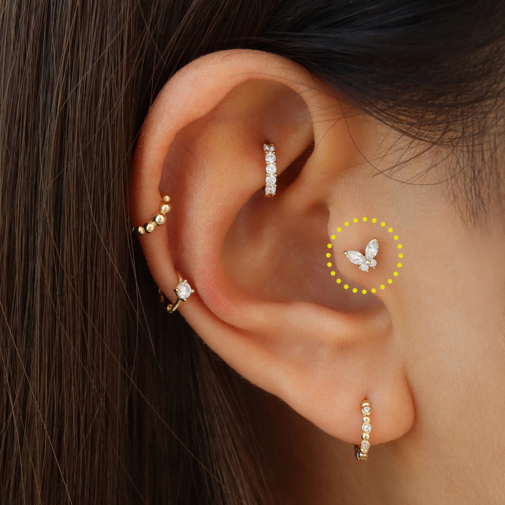 Cartilage offers Piercing,Heart Design Stud Piercing,Round Cut Diamond Piercing,14K Yellow Solid Gold,16G(1.2mm)