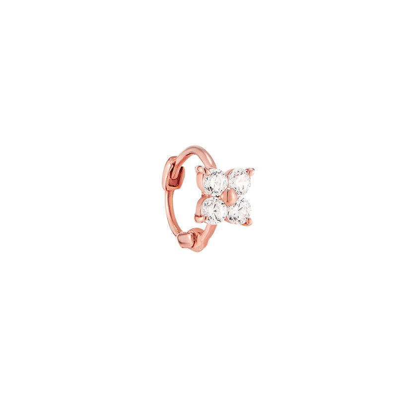 mini clover huggie hoop earring in 14k rose gold