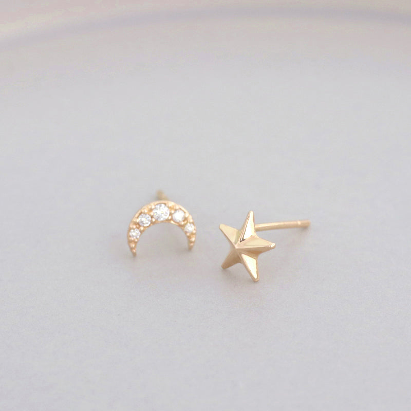 Star & Moon Stud Earring 14K Gold | Musemond