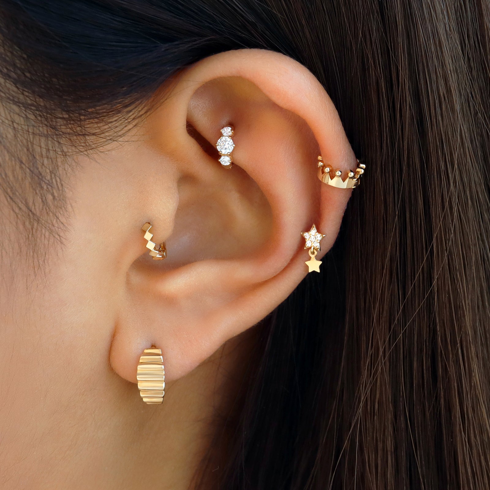 Huggie Hoop Gold Diamond Helix Earring Solid Gold Diamond Helix Hoop Huggie Hoop Gold Diamond Cartilage Hoop 14K  Solid Gold Dainty 8mm