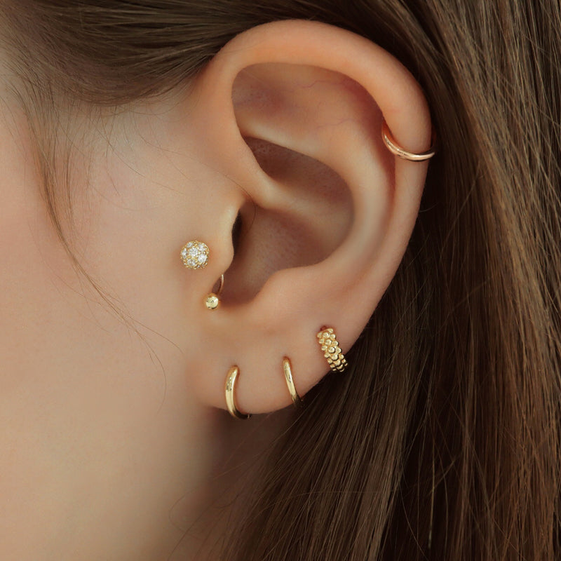 Stacked 3 earlobe huggie hoop earrings in 14k solid gold