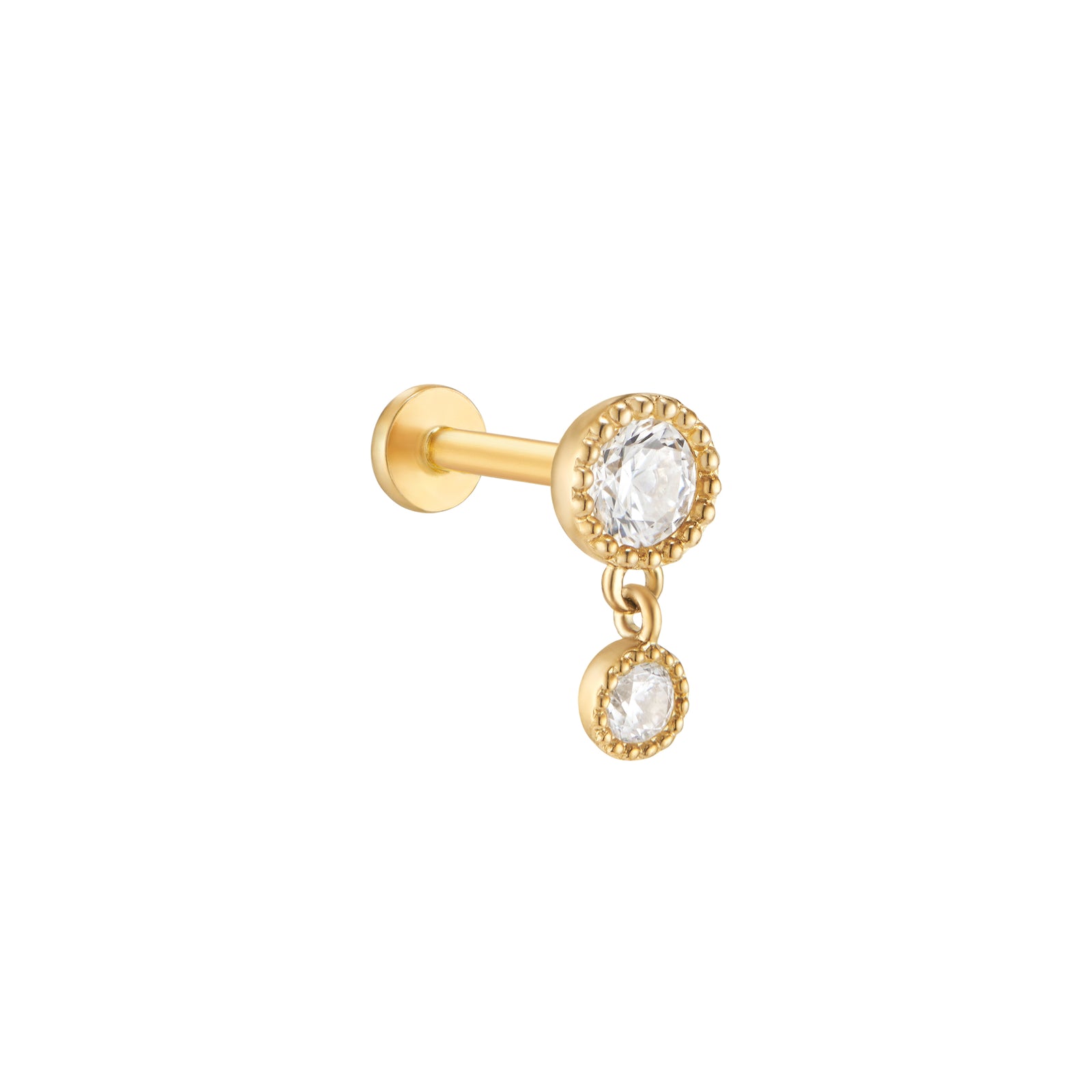 Double Gem Dangle Stud Flat Back Earring 14K Gold | Musemond