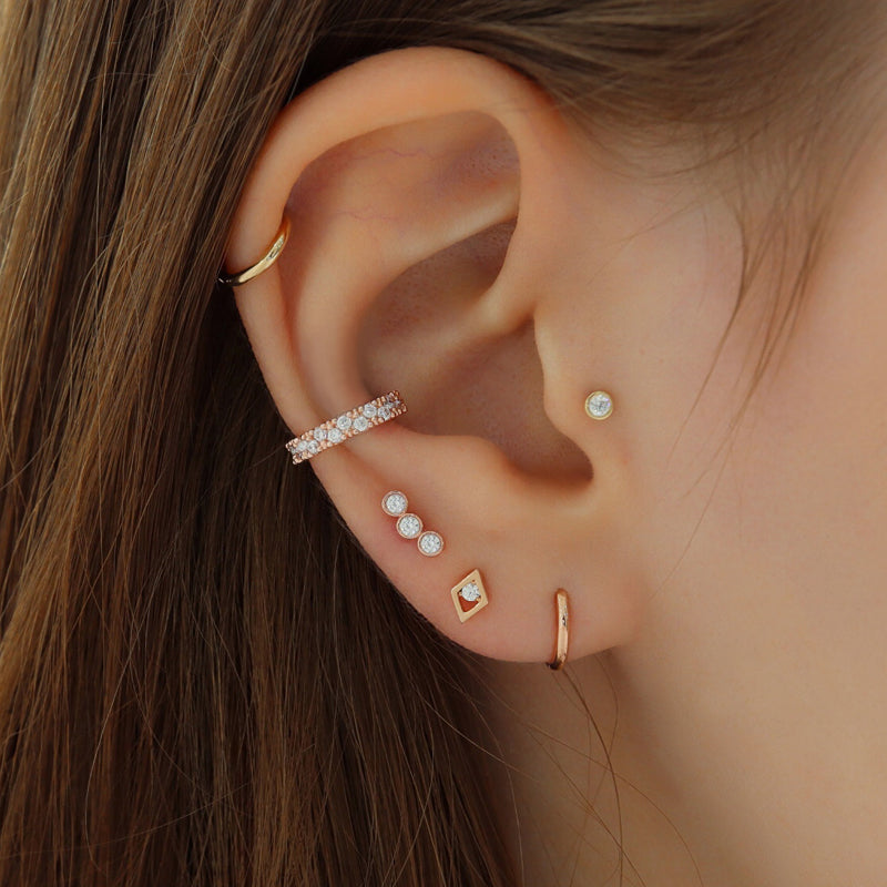 Triple Bezel Stud Ear Piercing- 14K Gold