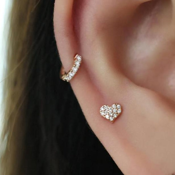a heart and tiny hoop cartilage earrings in sterling silver