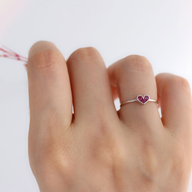 delicate silver heart ring with ruby CZ stones