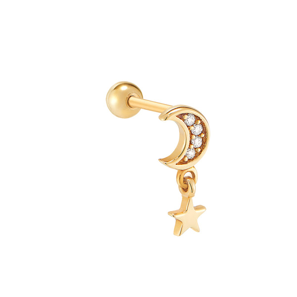 Moon & Star Dangle Cartilage Piercing- 14K Gold