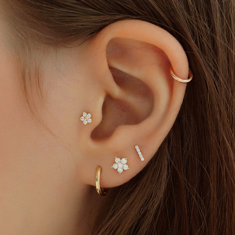 Small Pave Bar Stud Piercing- 14K Gold