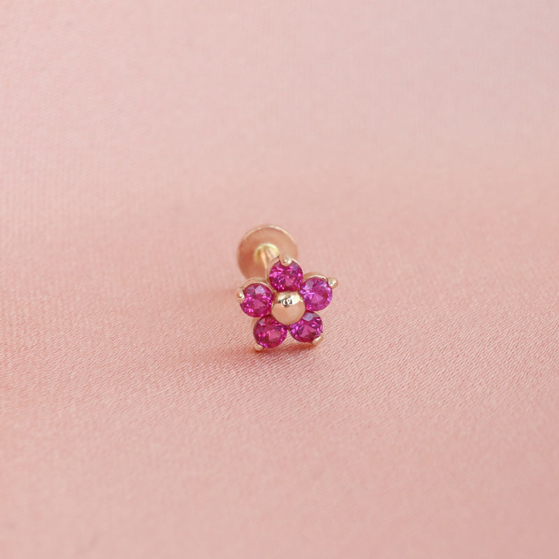 Flat Back Ruby Ruby Flower Flat Back Earring 14K Gold | Tragus Labret Piercing | Musemond