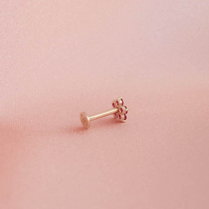 Ruby Flower Flat Back Earring- 14K Gold