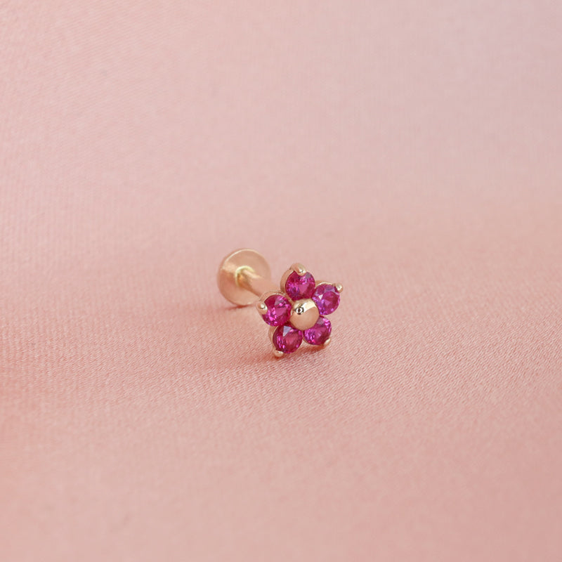 Ruby Flower Flat Back Earring- 14K Gold