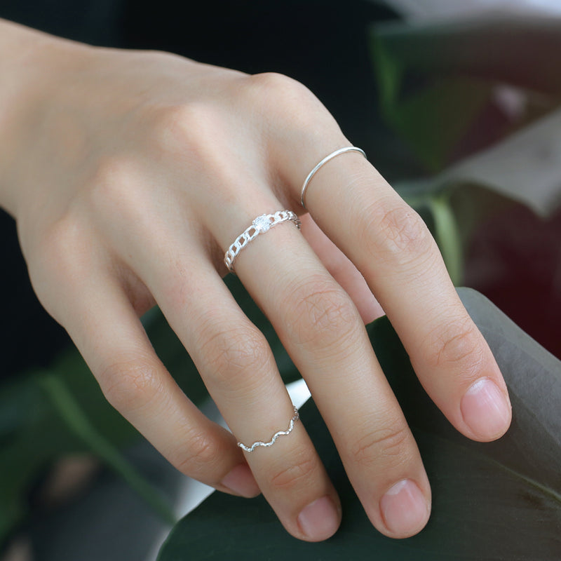 Chain Ring Set 925 Silver CZ Chain Ring | Dainty Stacking Rings | Musemond