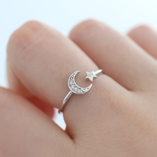 Sterling Silver Crescent Star Open Ring