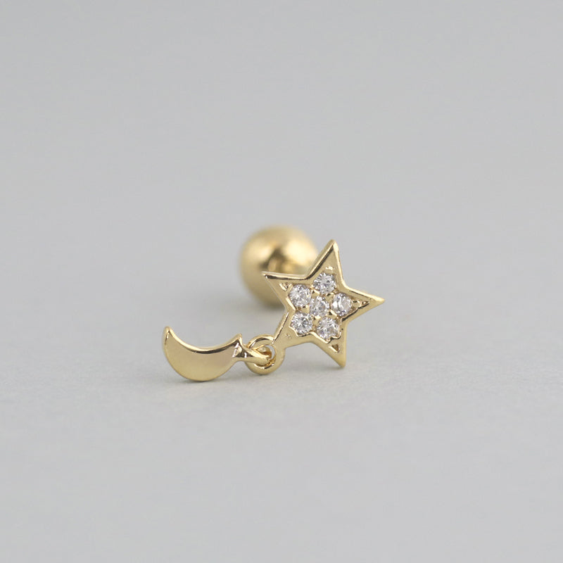 Star Moon Cartilage Piercing- 14K Gold