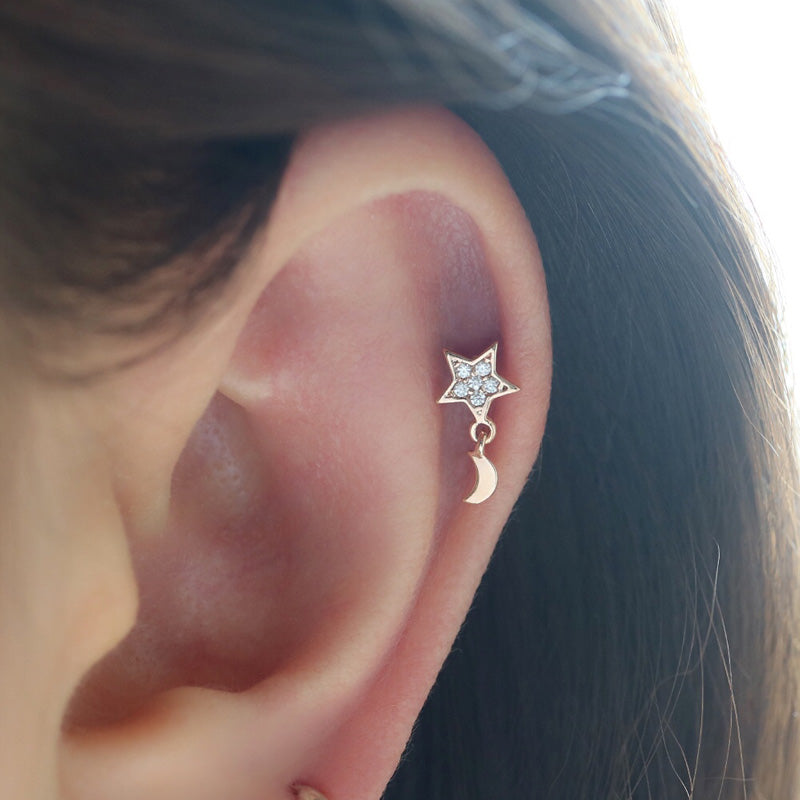 Star Moon Cartilage Piercing- 14K Gold