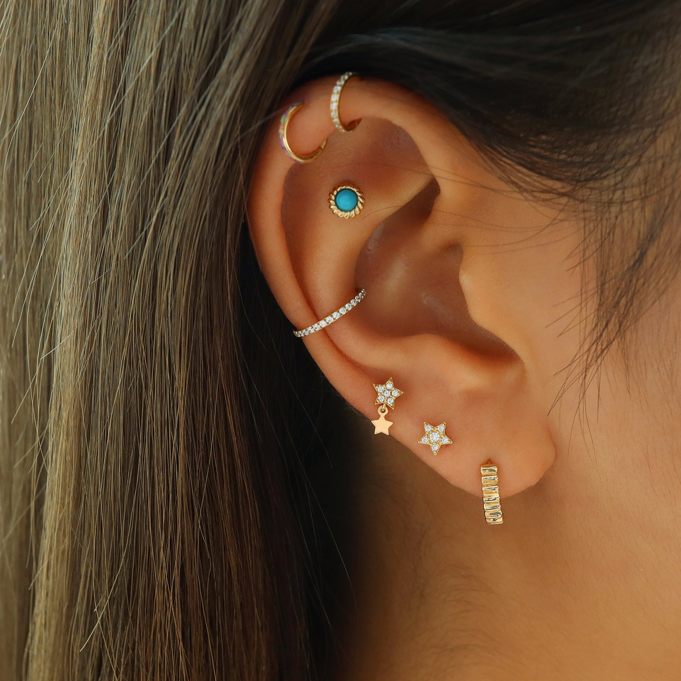 Star Dangle Stud Ear Piercing 14K Gold Musemond