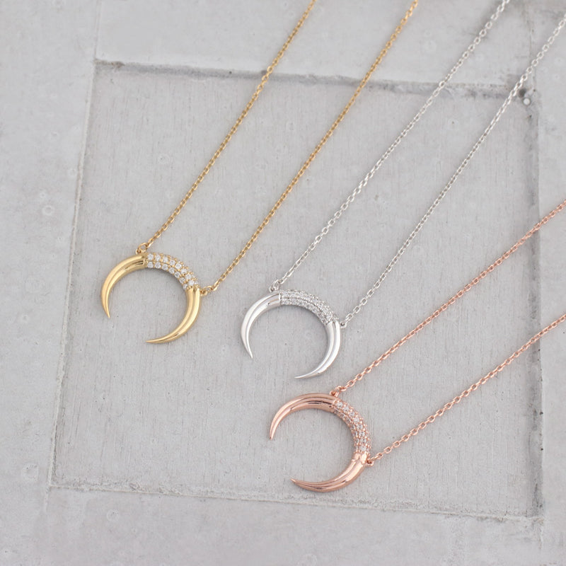 crescent moon necklaces in silver, gold and rose gold