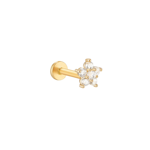 Mini Pave Flower Stud Labret Piercing- 14K Gold