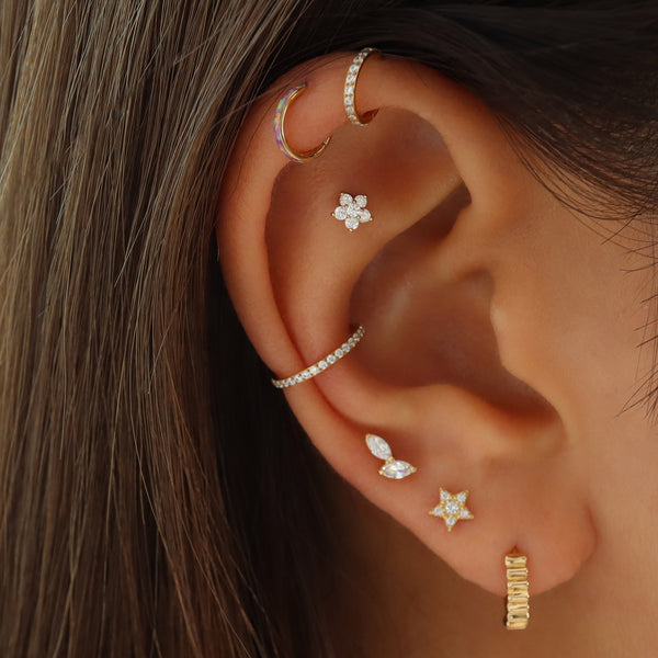 Mini Pave Flower Flat Back Earring- 14K Gold