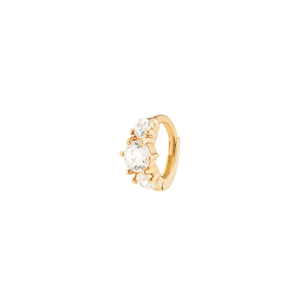 triple gem tiny huggie hoop earring in solid 14k gold